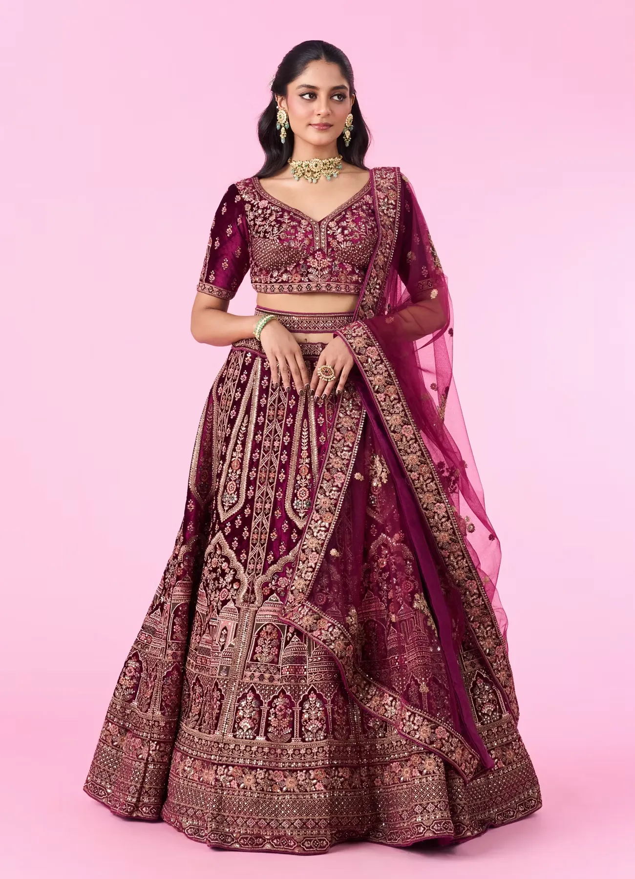 Regal Wine Velvet Bridal Lehenga