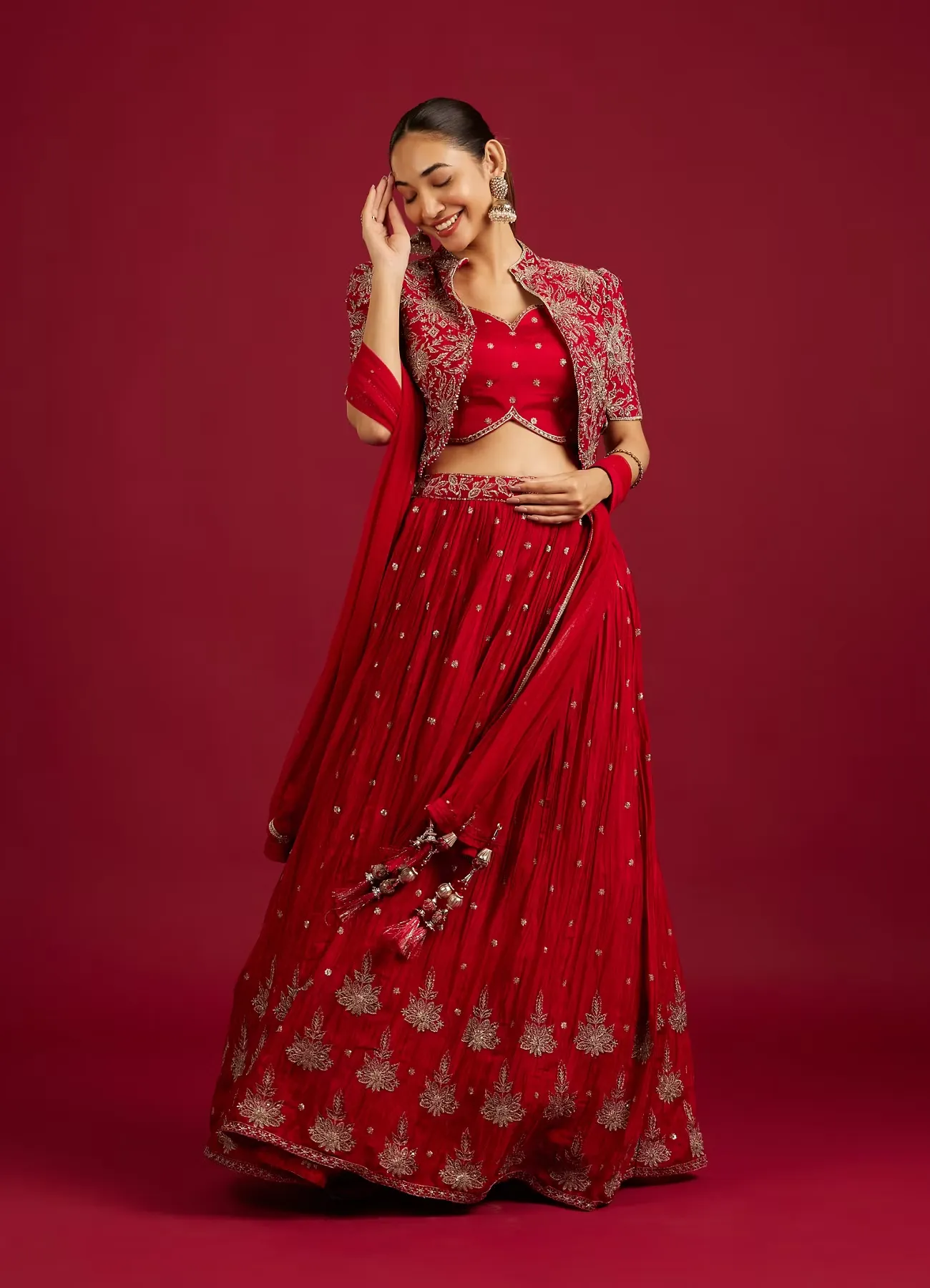 Scarlet Red Buta Patterned Lehenga with Floral