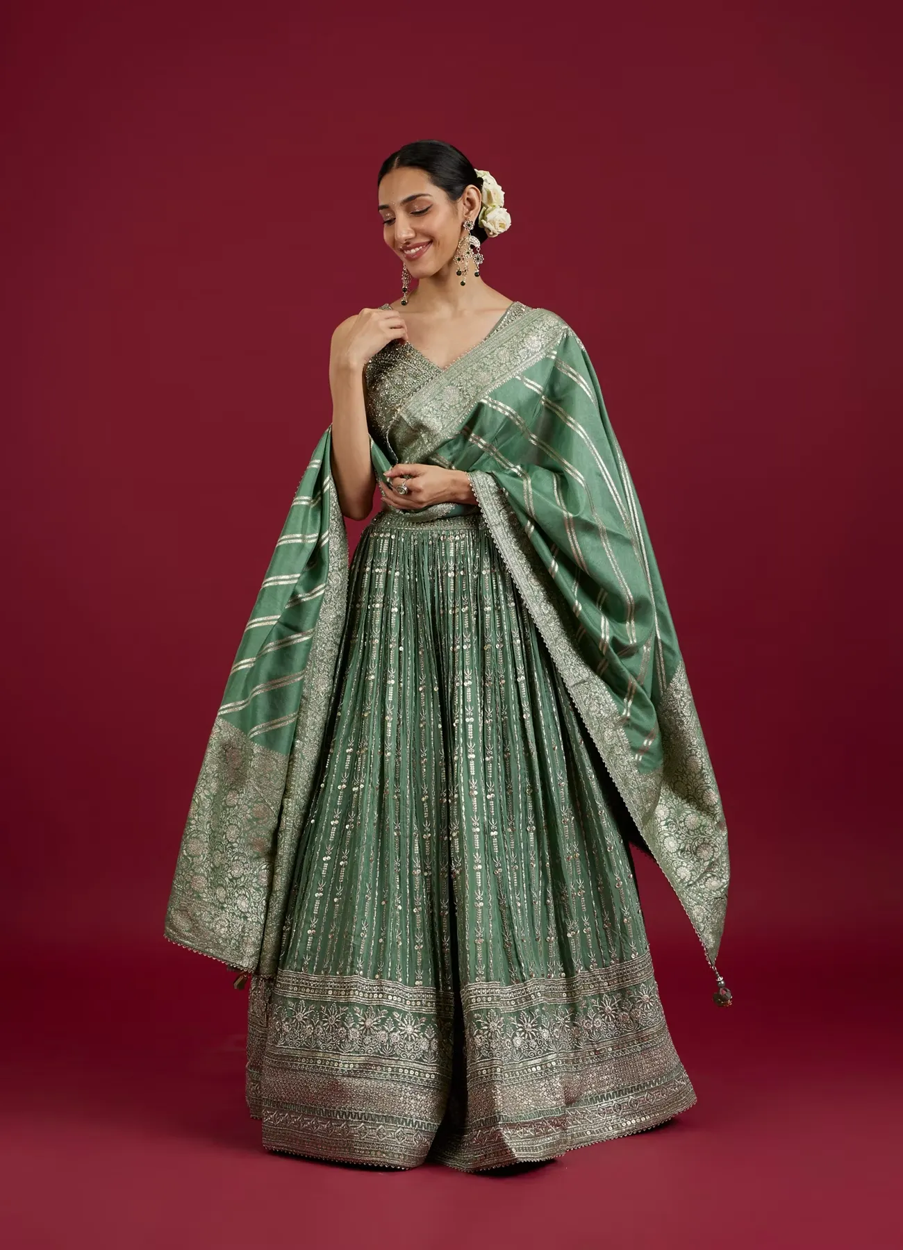 Sea Green Chinon Lehenga