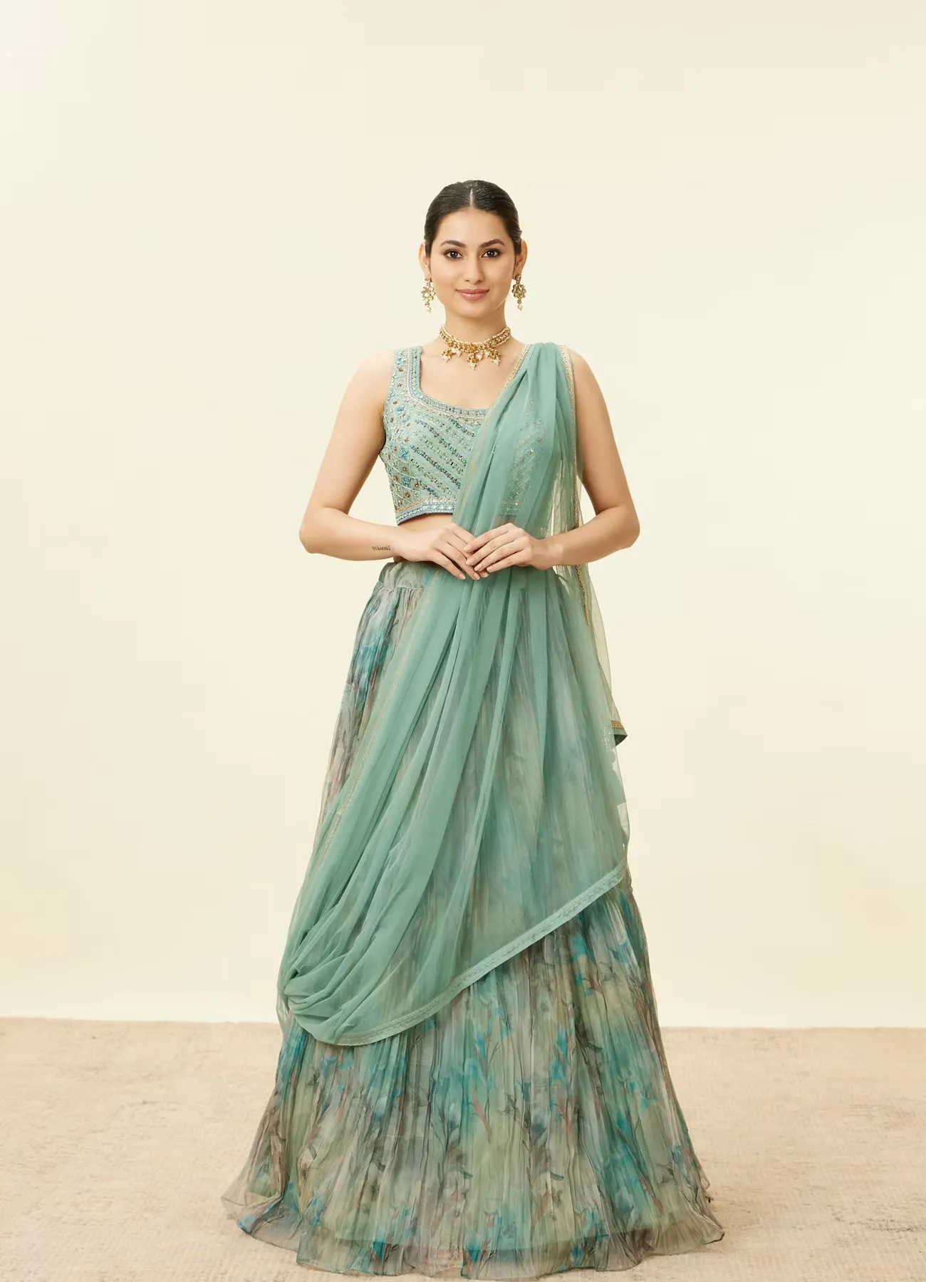 Sea Green Mirror Work Lehenga