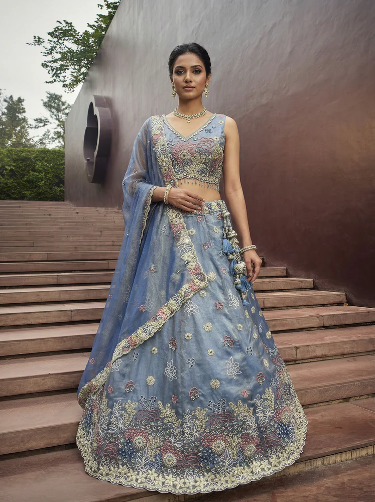 Sky Color Satin Silk Fabric Sequined Embroidered Ready to Wear Lehenga