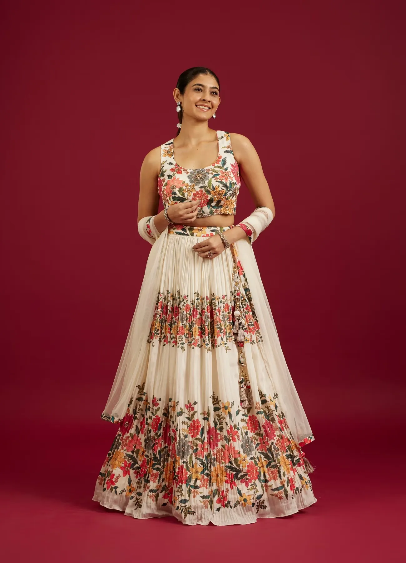Soft Cream Floral Printed Crop Top Lehenga
