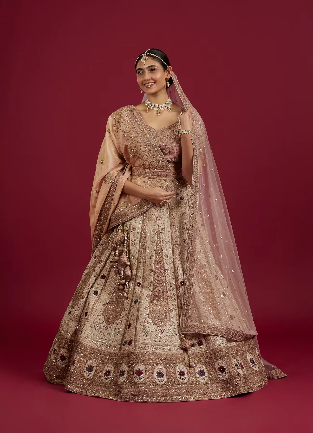 Soft Cream Linear Patterned Lehenga