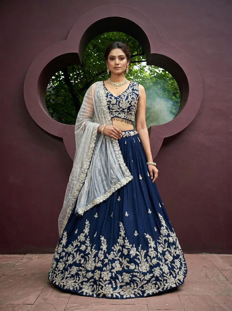 Teal Color Satin Silk Fabric Beads & Sequin Embroidered Ready to Wear Lehenga