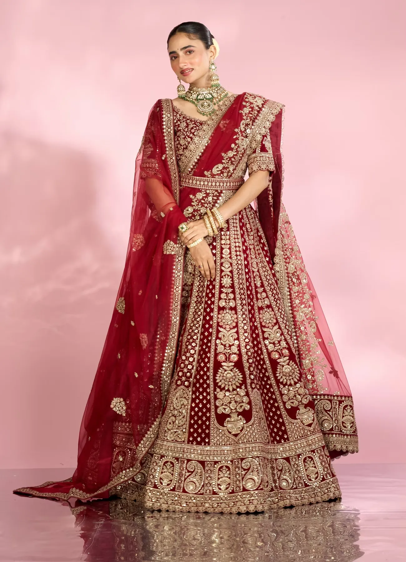 Velvety Maroon Bridal Lehenga with Double Dupatta