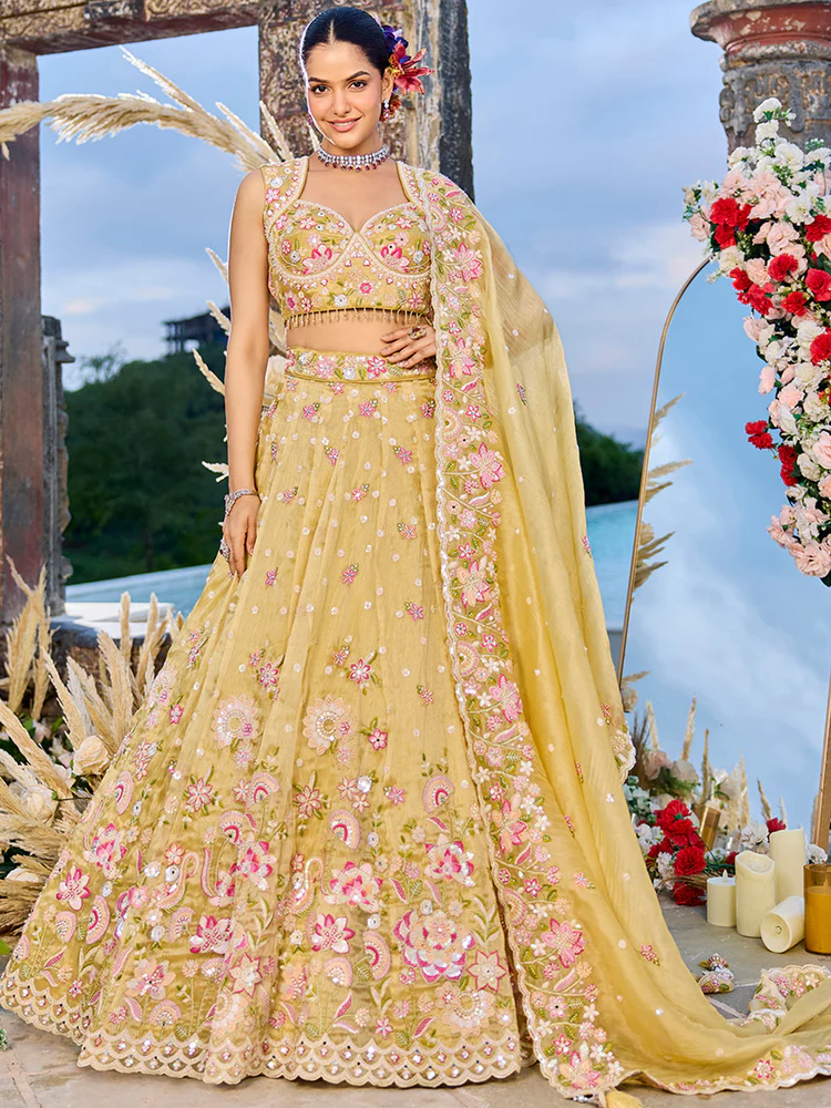 Yellow - Tissue Fabric Sequence Embroidered Ready to Wear Lehenga