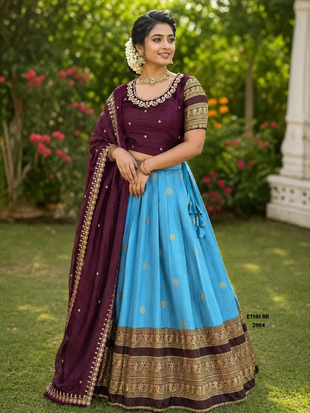 Traditional Gold Zari Work Maroon Blue Lehenga