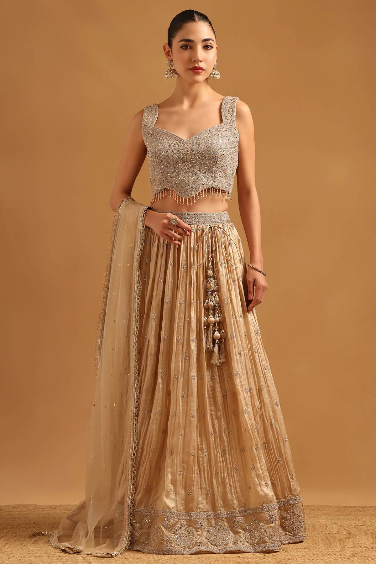 Beige Fendi Sequins Embroidered Lehenga Set With Beads And Stones