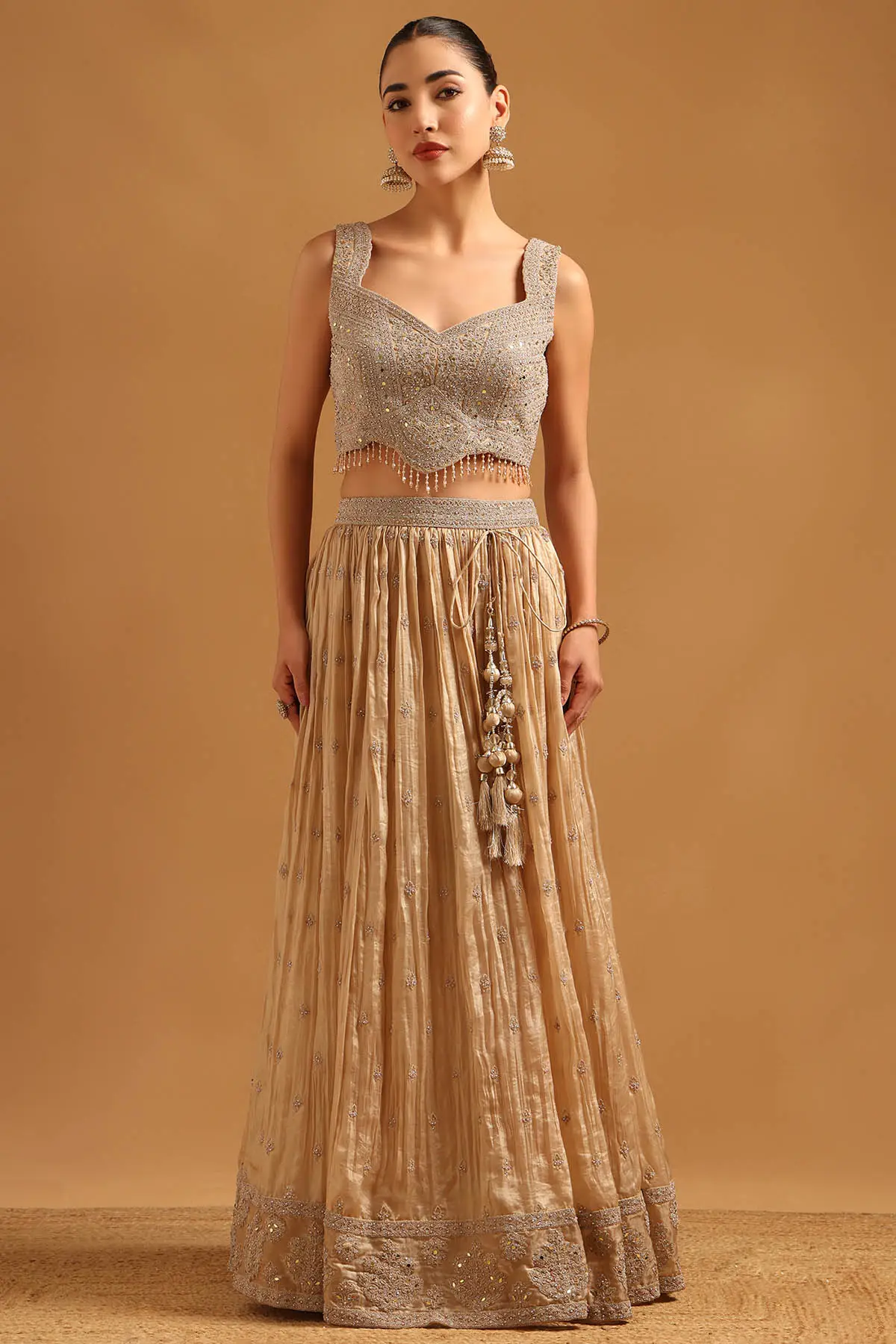 Beige Fendi Sequins Embroidered Lehenga Set With Beads And Stones