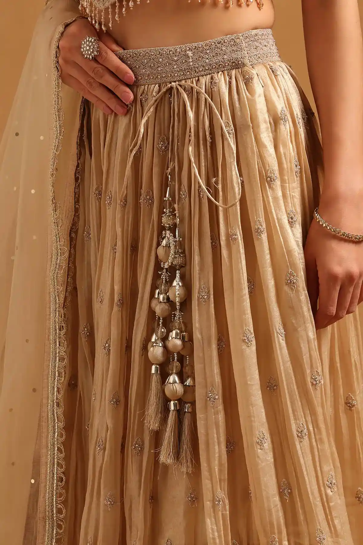 Beige Fendi Sequins Embroidered Lehenga Set With Beads And Stones