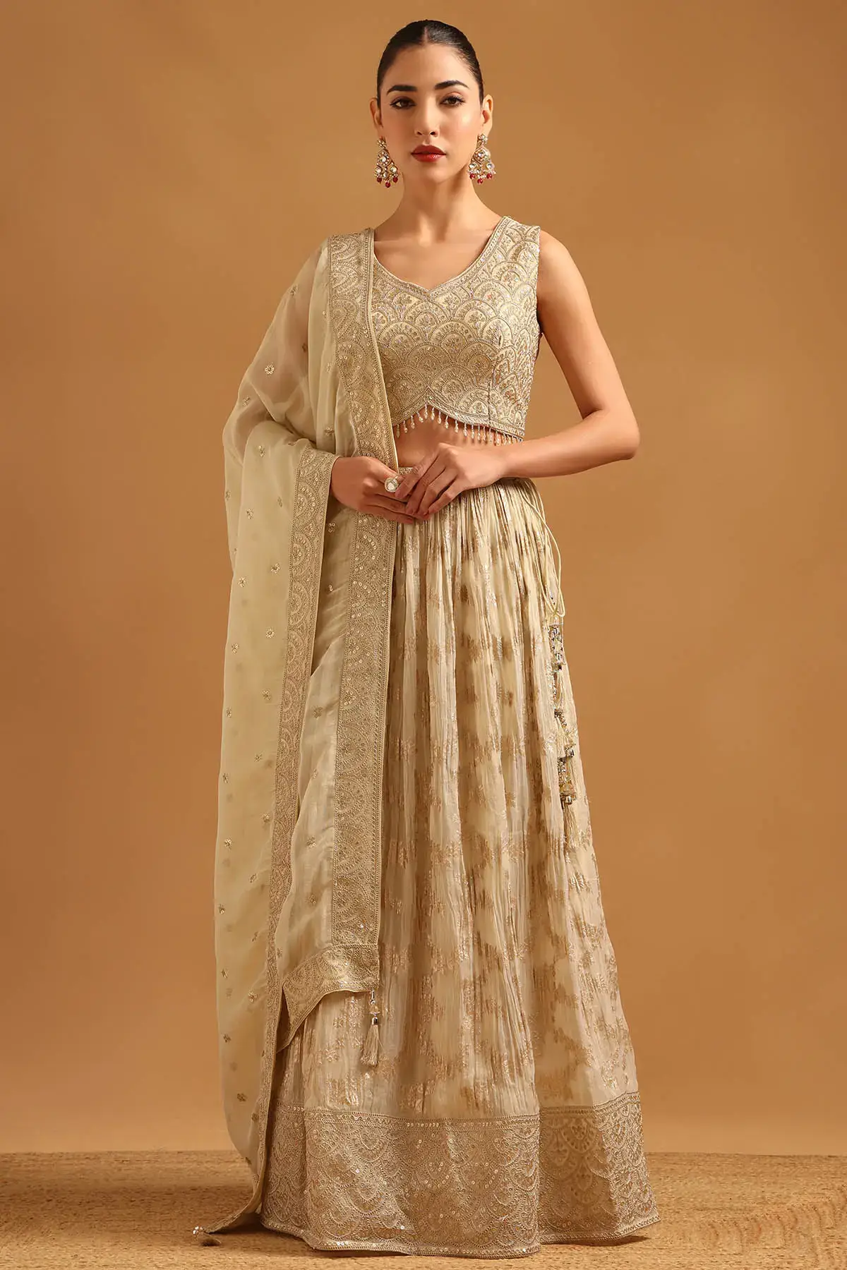 Beige Tissue Brocade Sequins Embroidered Lehenga Set