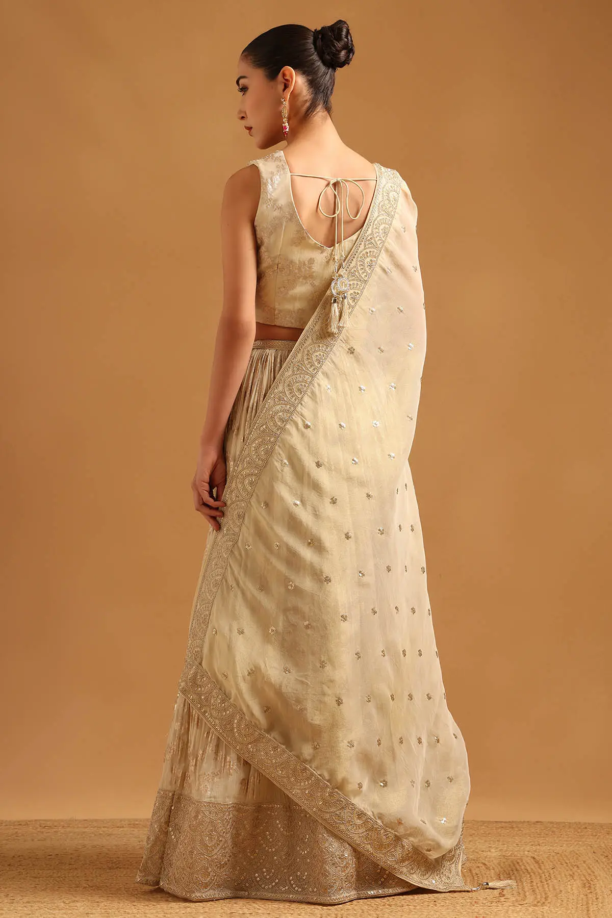 Beige Tissue Brocade Sequins Embroidered Lehenga Set
