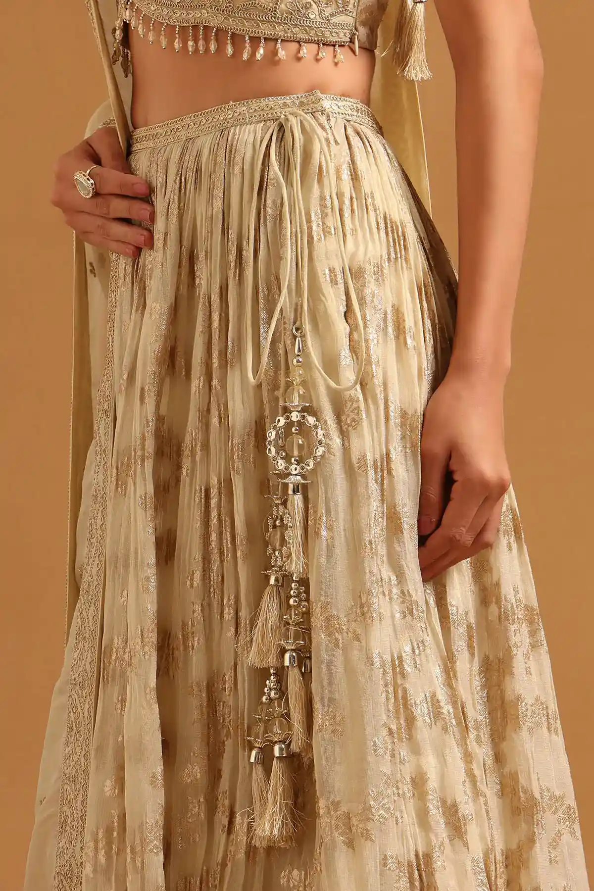 Beige Tissue Brocade Sequins Embroidered Lehenga Set
