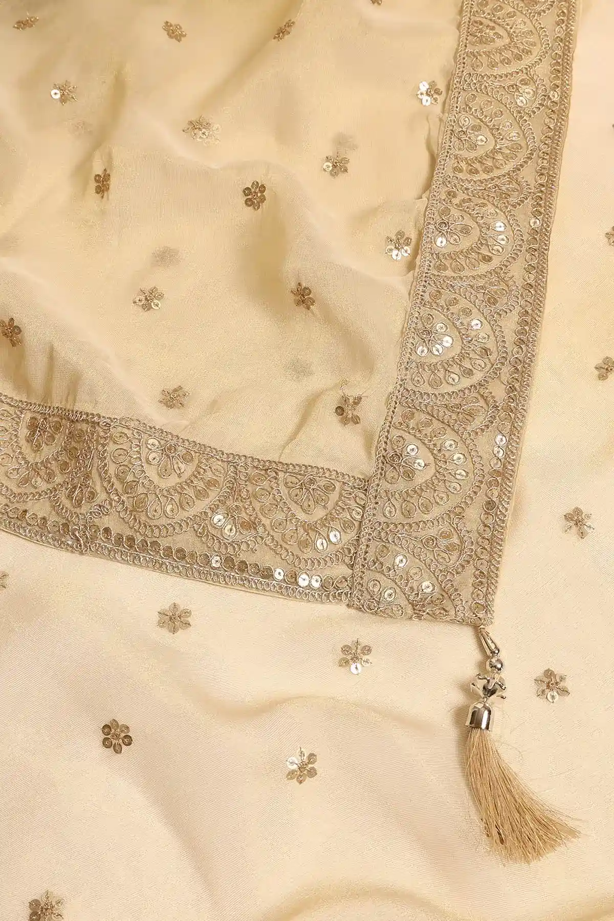 Beige Tissue Brocade Sequins Embroidered Lehenga Set