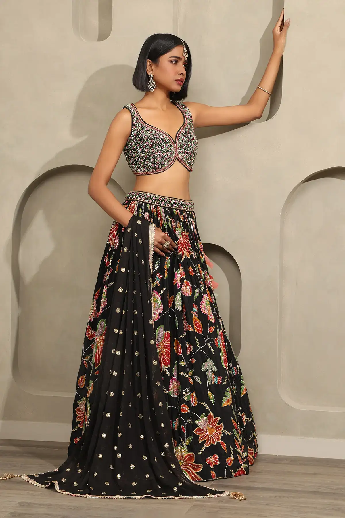Black Viscose Crepe Botanical Embroidered Lehenga Set With Beads And Stones