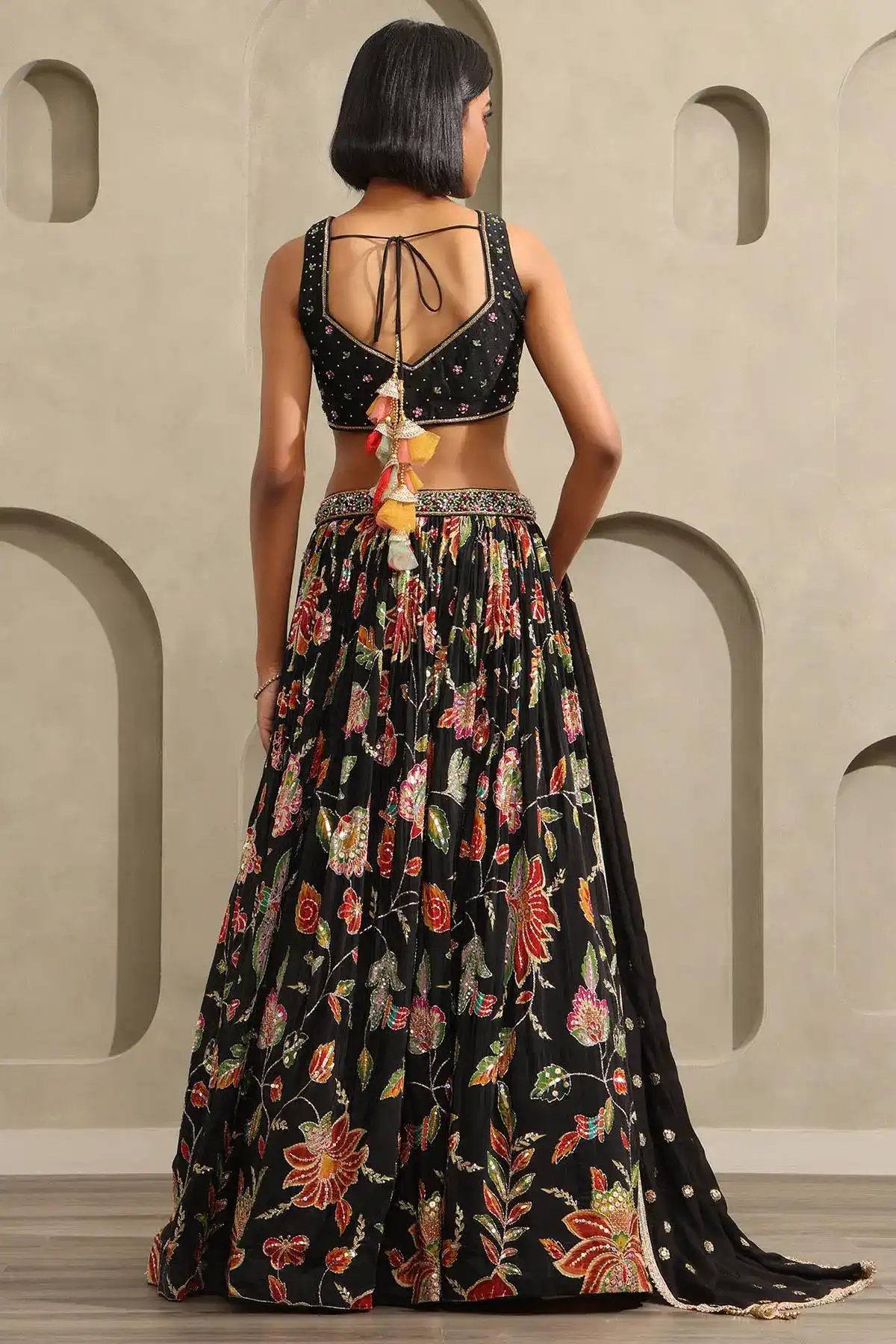 Black Viscose Crepe Botanical Embroidered Lehenga Set With Beads And Stones