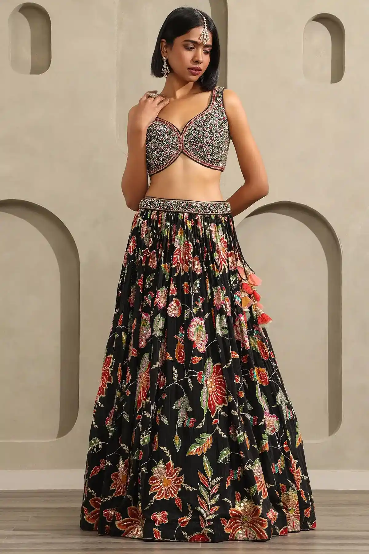Black Viscose Crepe Botanical Embroidered Lehenga Set With Beads And Stones