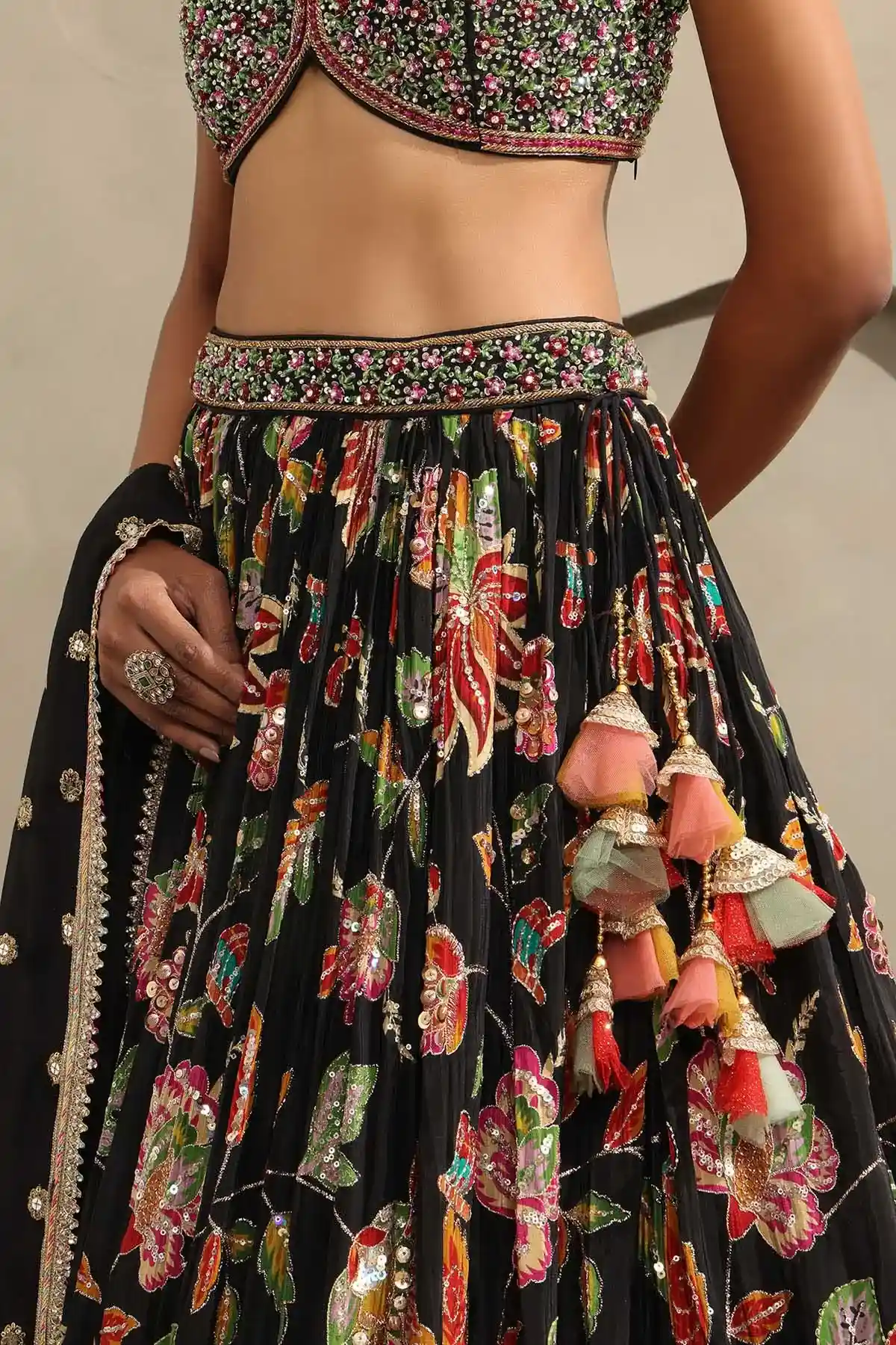 Black Viscose Crepe Botanical Embroidered Lehenga Set With Beads And Stones