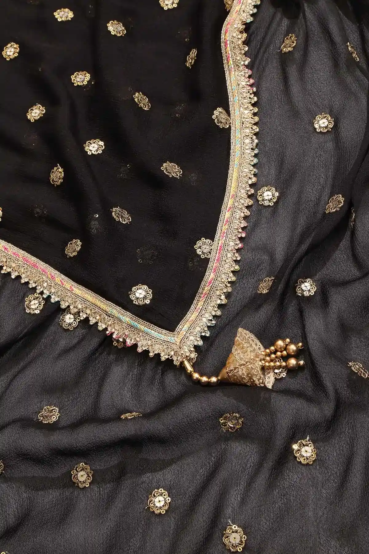 Black Viscose Crepe Botanical Embroidered Lehenga Set With Beads And Stones