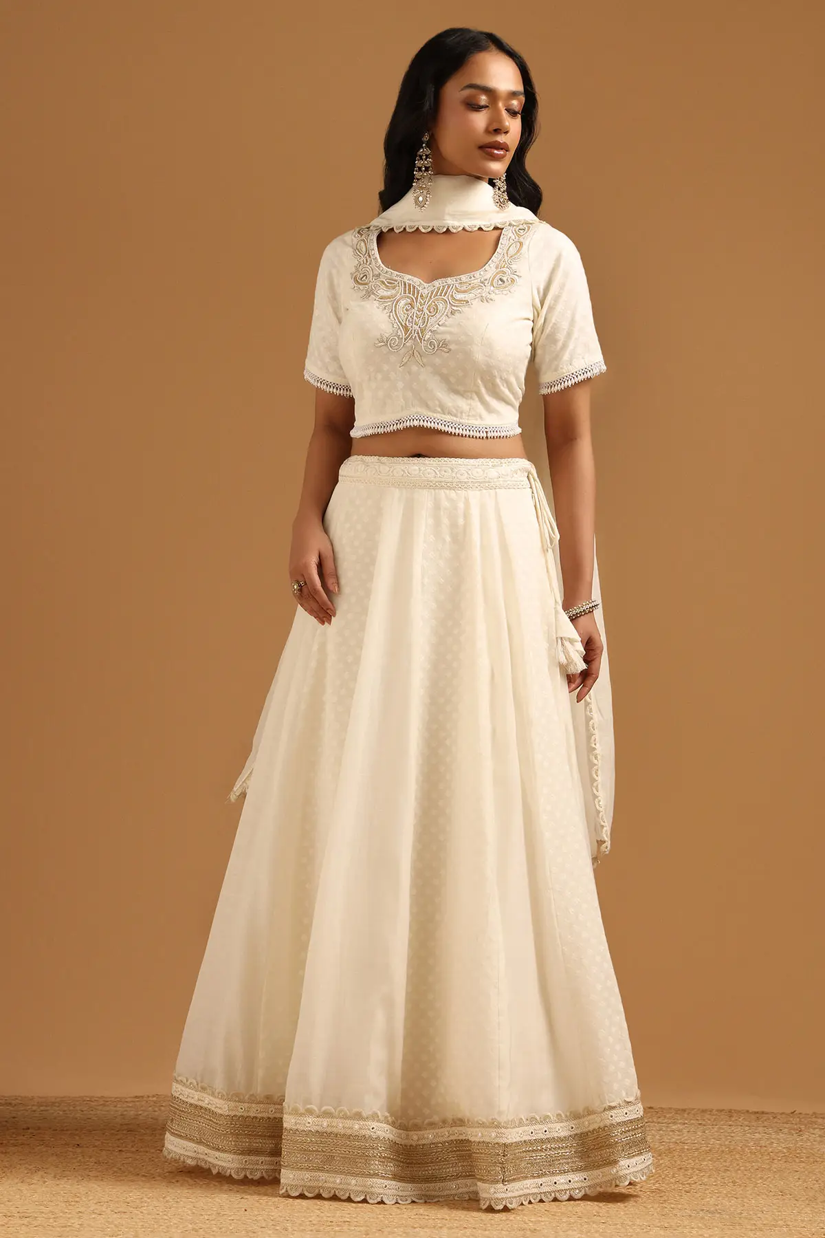 Cream Chanderi Woven Design Lehenga Set With Beads