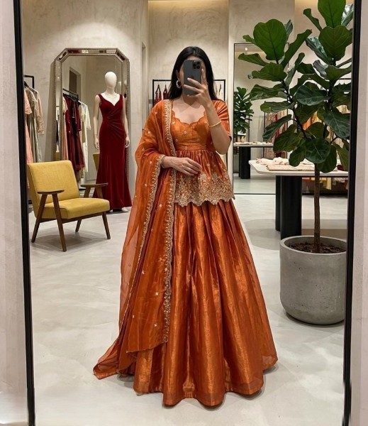 Rust Orange Tissue Silk Peplum Lehenga Set