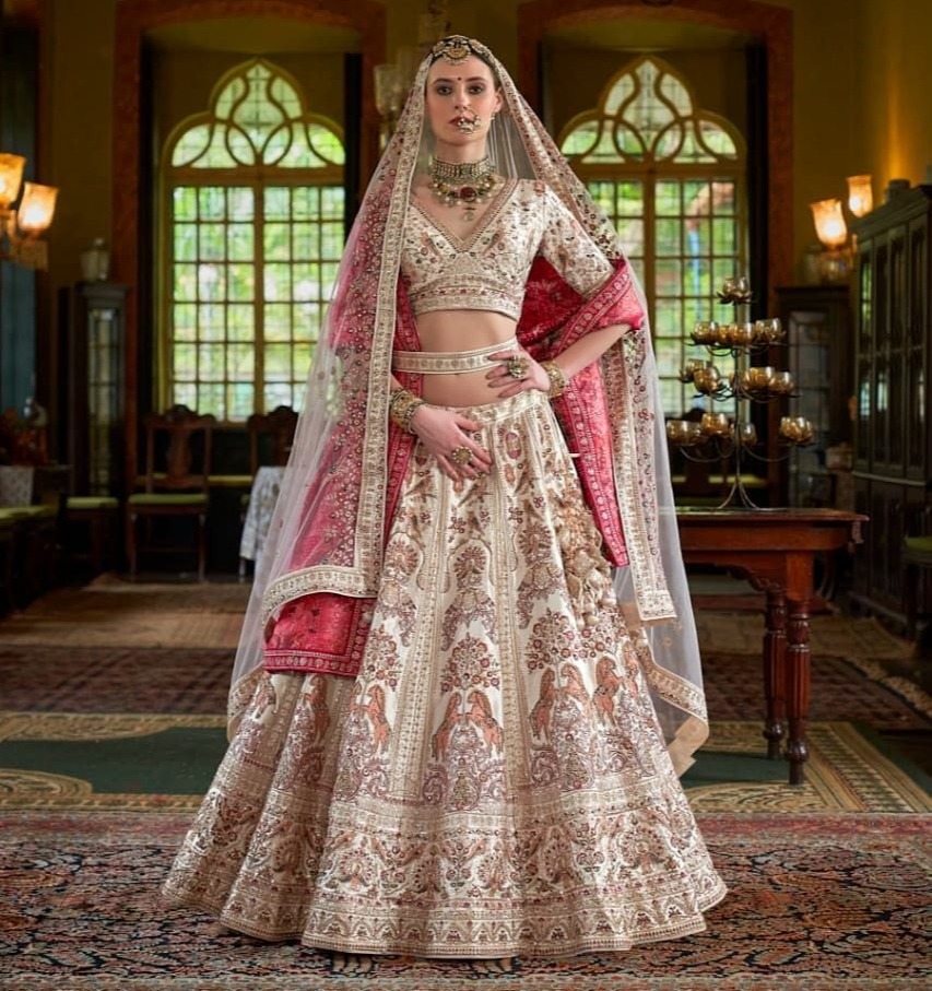 Ivory White Mughal Heritage Zardozi Bridal Lehenga Choli