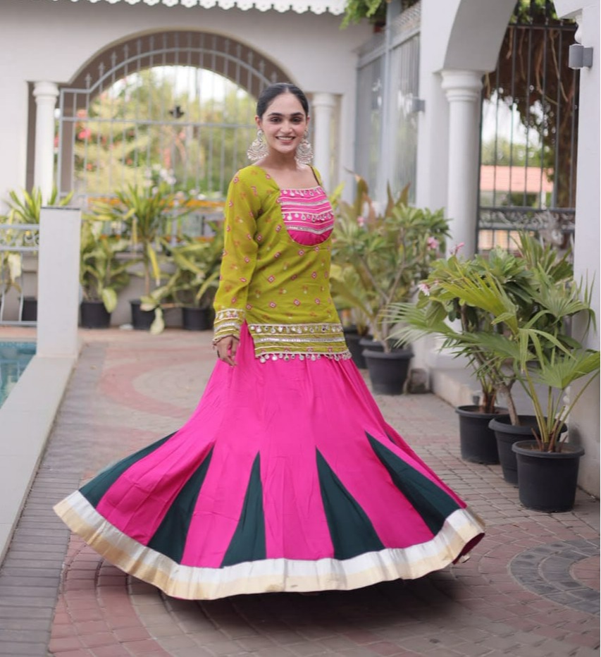 Navrathri Lehenga Choli - Olive Green Bandhini Print