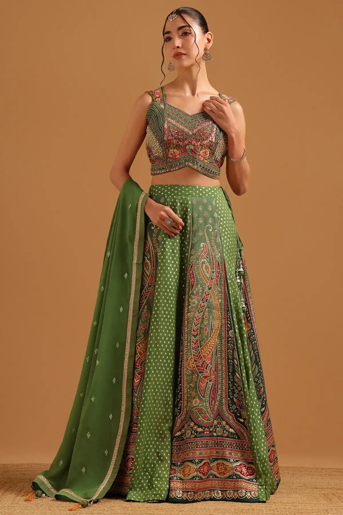 Green Brocade Floral Printed Lehenga Set With Mirror and Stone