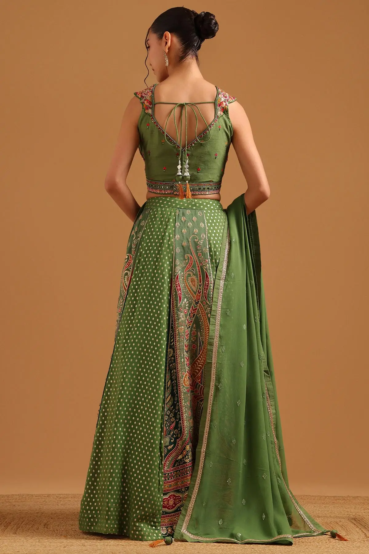 Green Brocade Floral Printed Lehenga Set With Mirror and Stone