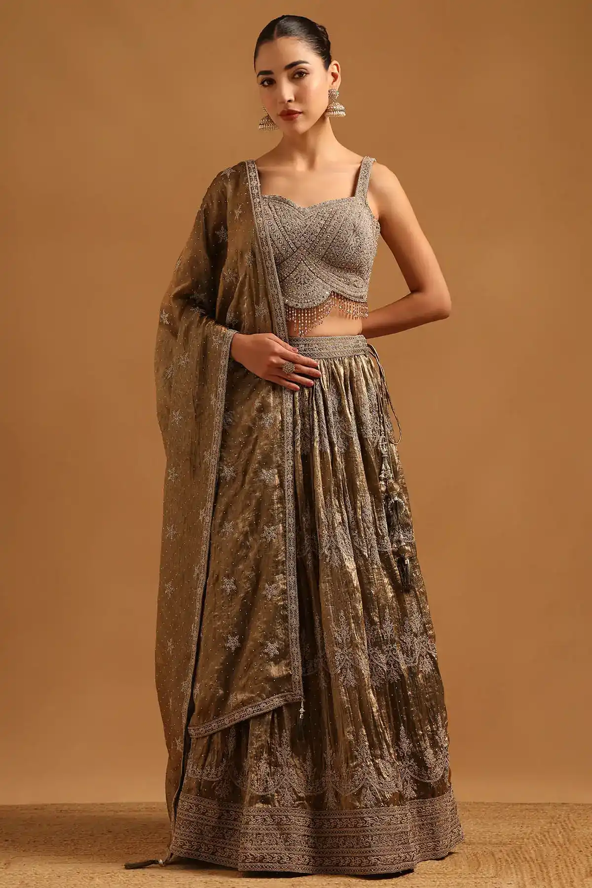 Green Fendi Ethnic Motifs Zari Embroidered Lehenga Set With Stone And Cutdana