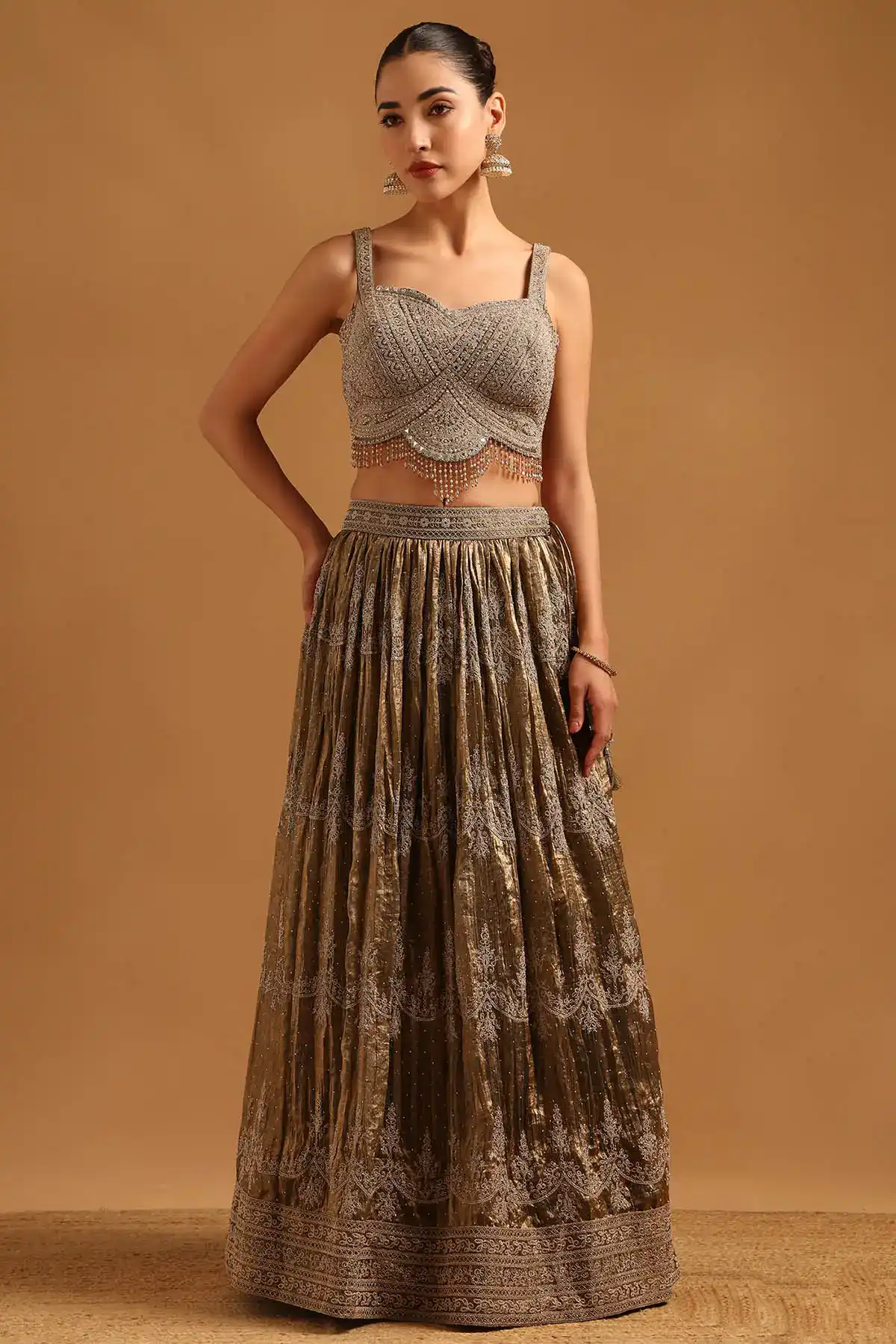 Green Fendi Ethnic Motifs Zari Embroidered Lehenga Set With Stone And Cutdana