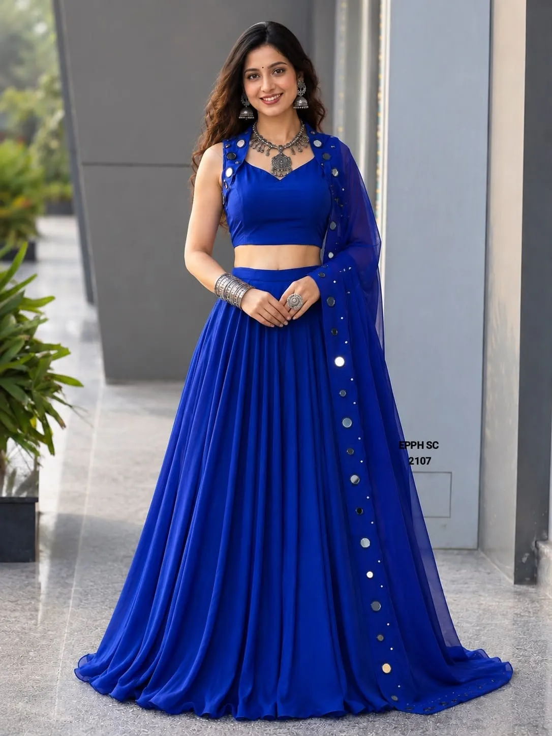 Royal Blue Mirror Work Cotton Lehenga Choli Set