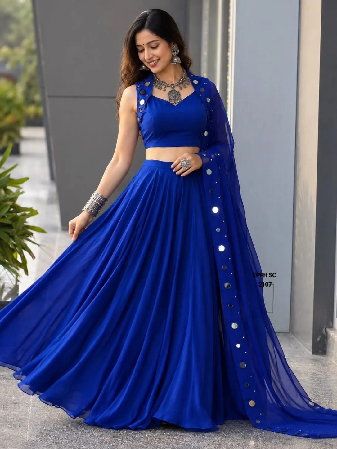 Royal Blue Mirror Work Cotton Lehenga Choli Set