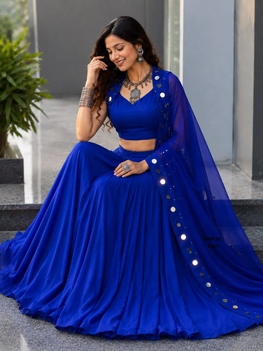 Royal Blue Mirror Work Cotton Lehenga Choli Set