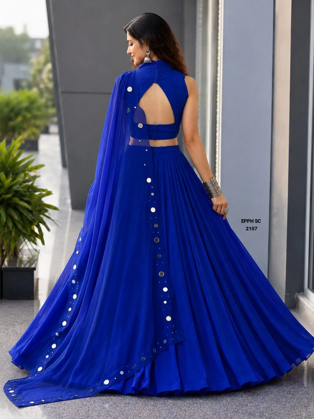 Royal Blue Mirror Work Cotton Lehenga Choli Set