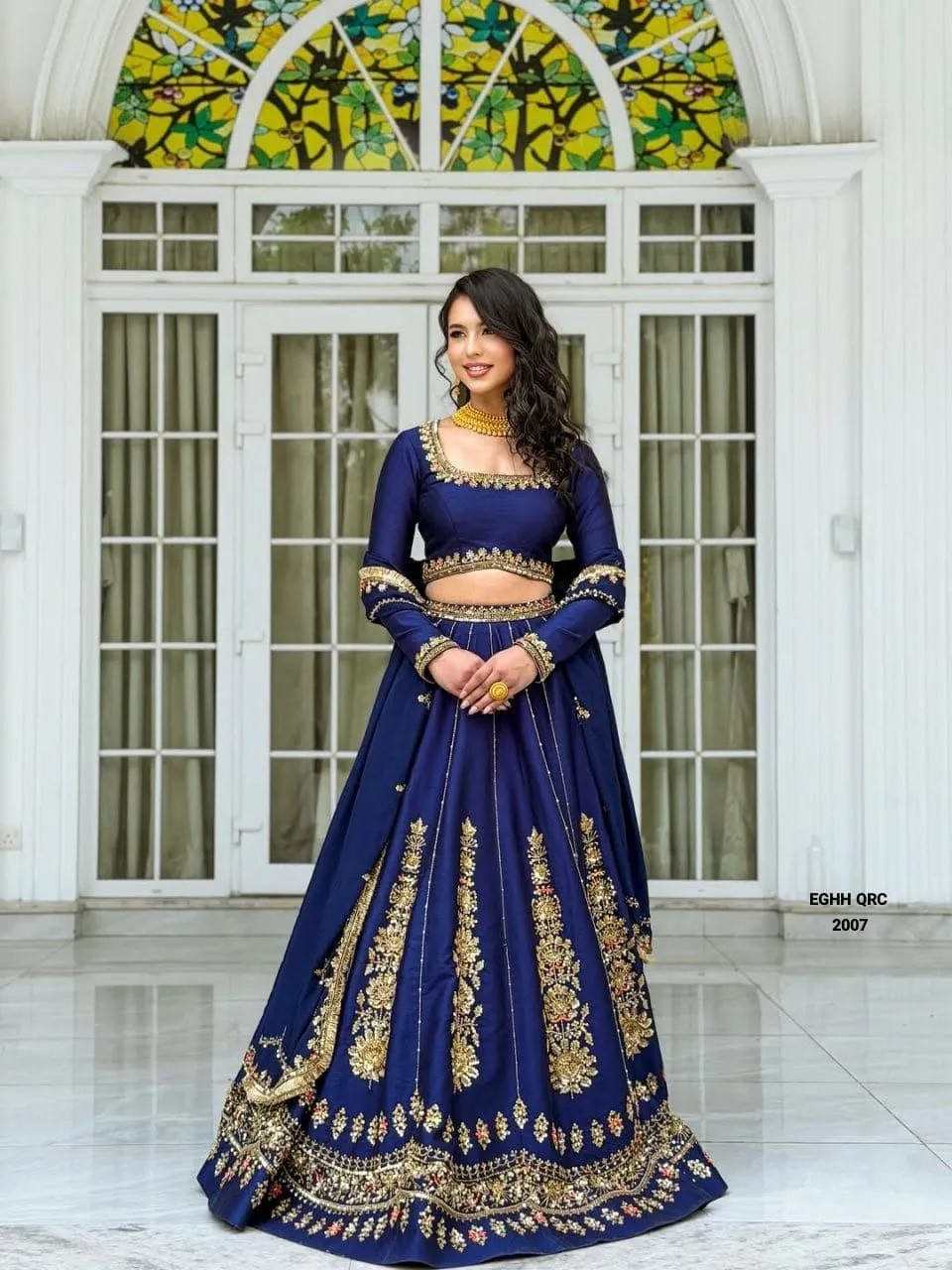 Royal Blue Embroidered Chinon Designer Lehenga Choli Set
