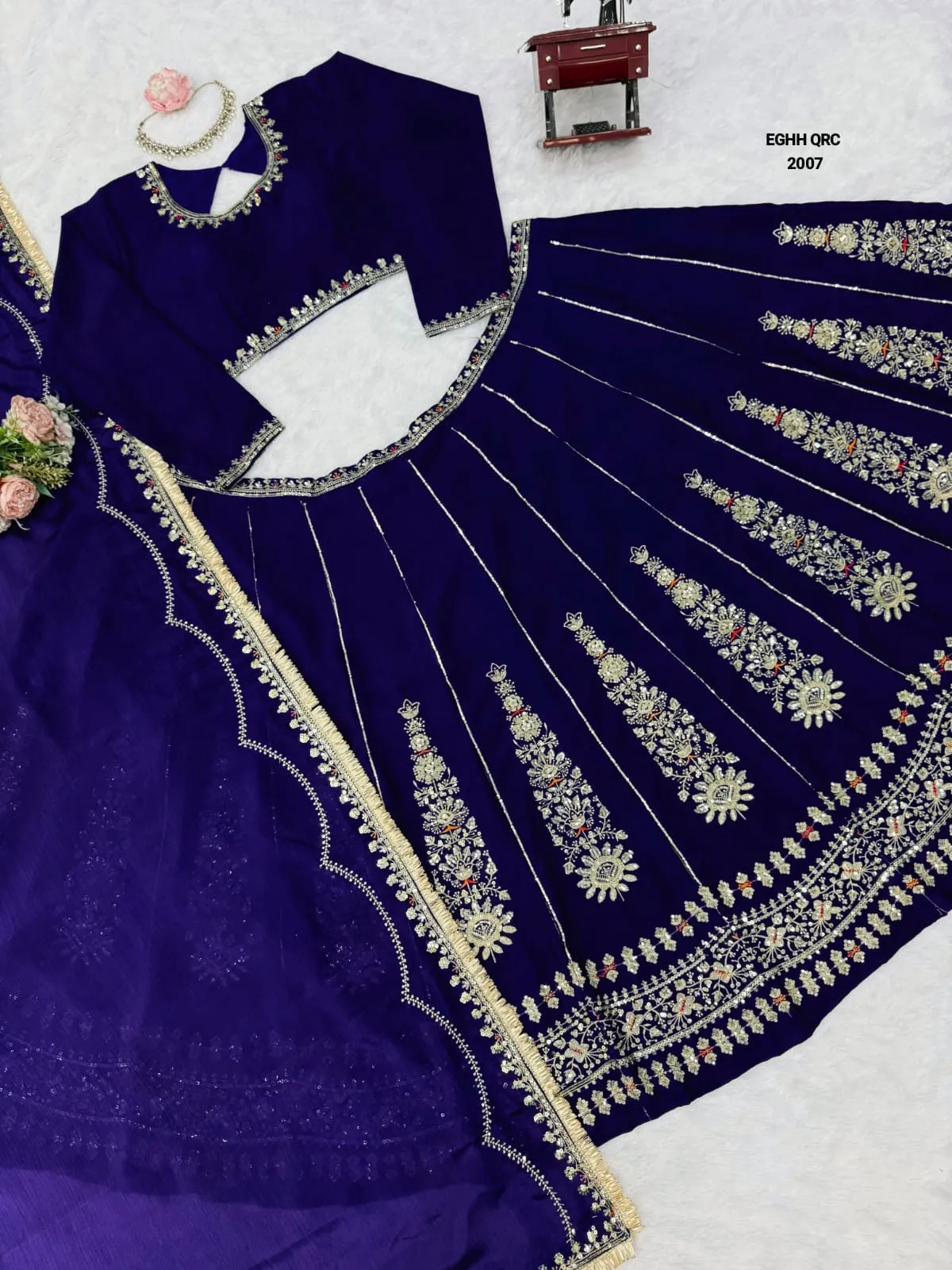 Royal Blue Embroidered Chinon Designer Lehenga Choli Set