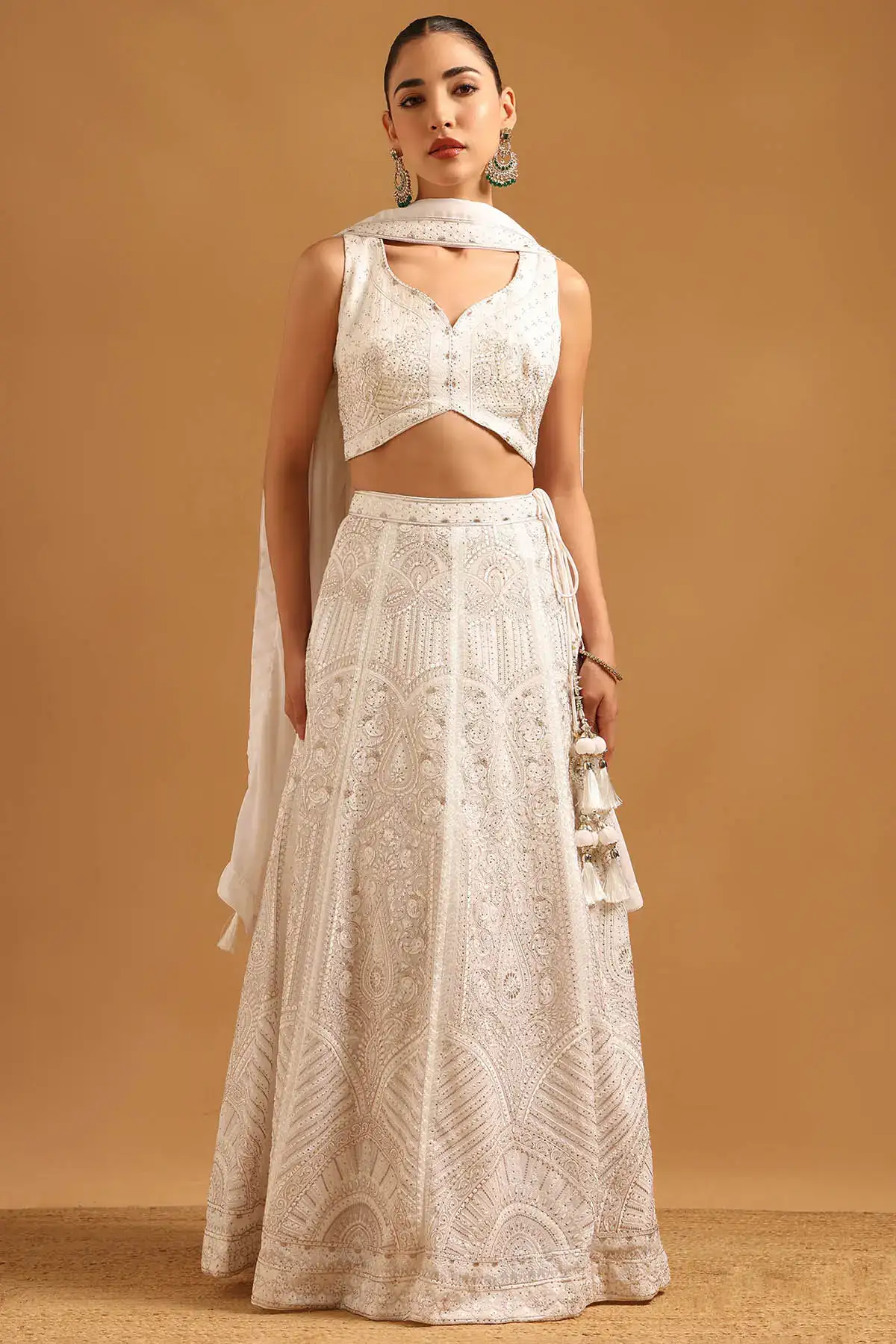 Off White Georgette Botanical Chikankari Embroidered Lehenga Set With Stone Work