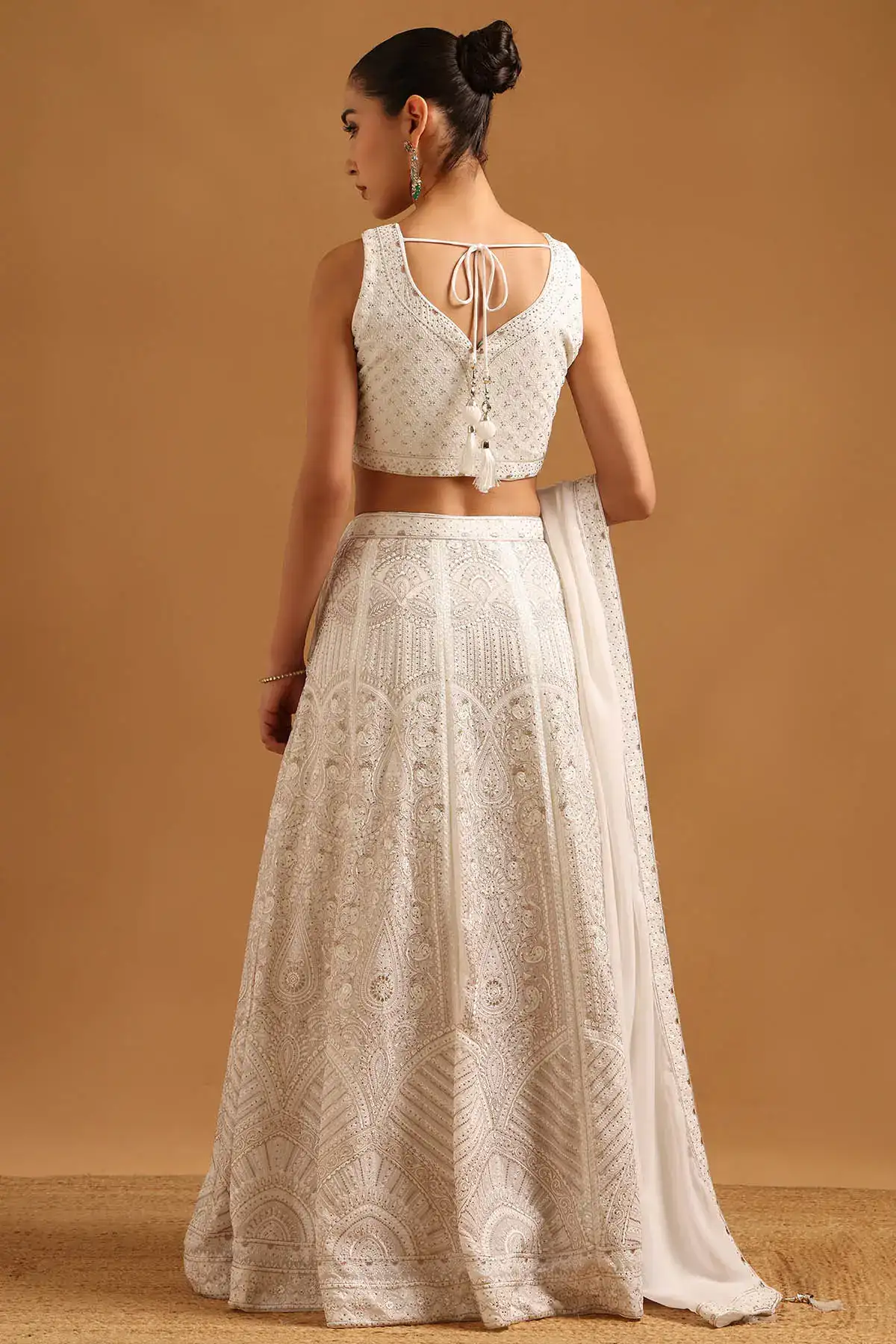 Off White Georgette Botanical Chikankari Embroidered Lehenga Set With Stone Work