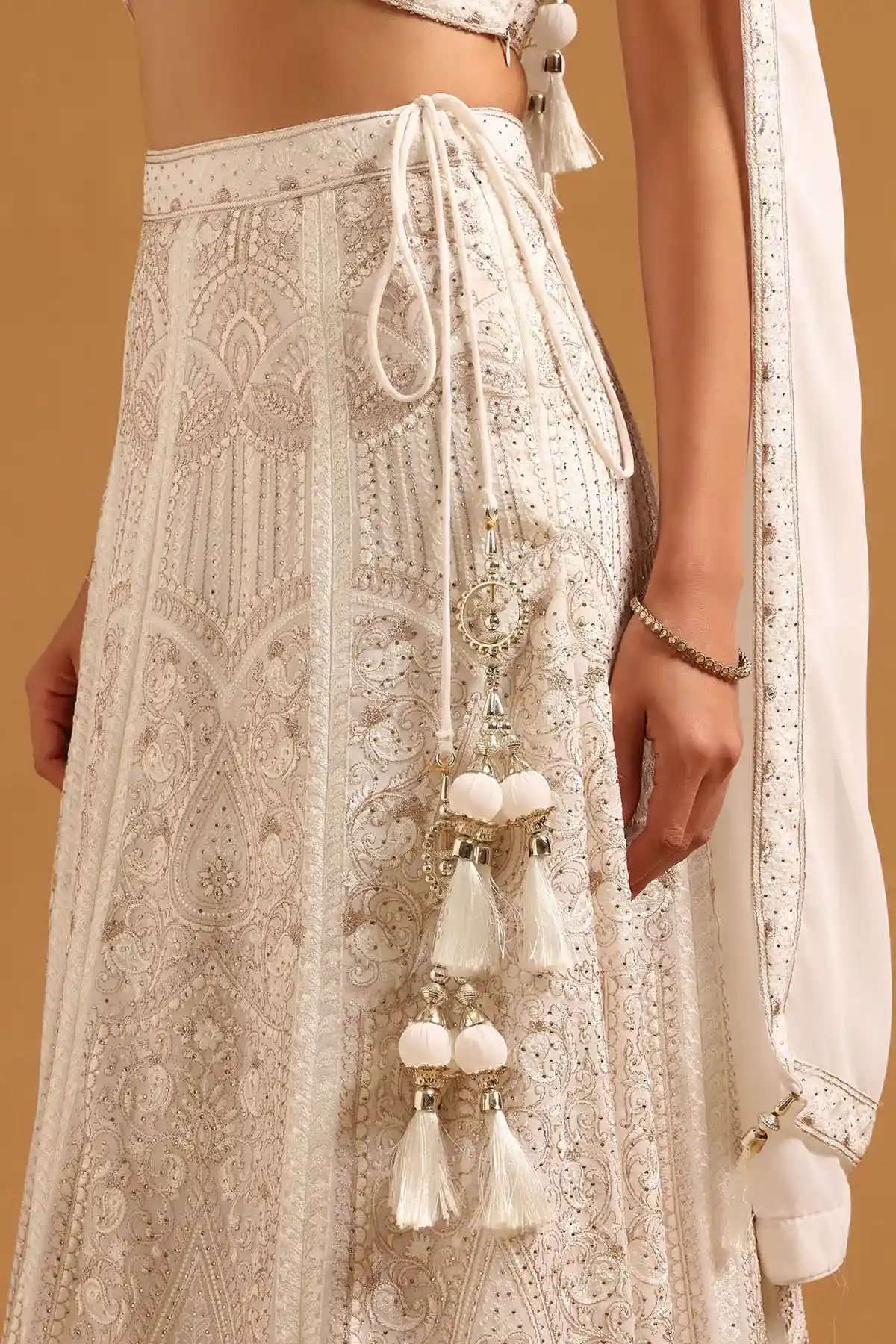 Off White Georgette Botanical Chikankari Embroidered Lehenga Set With Stone Work