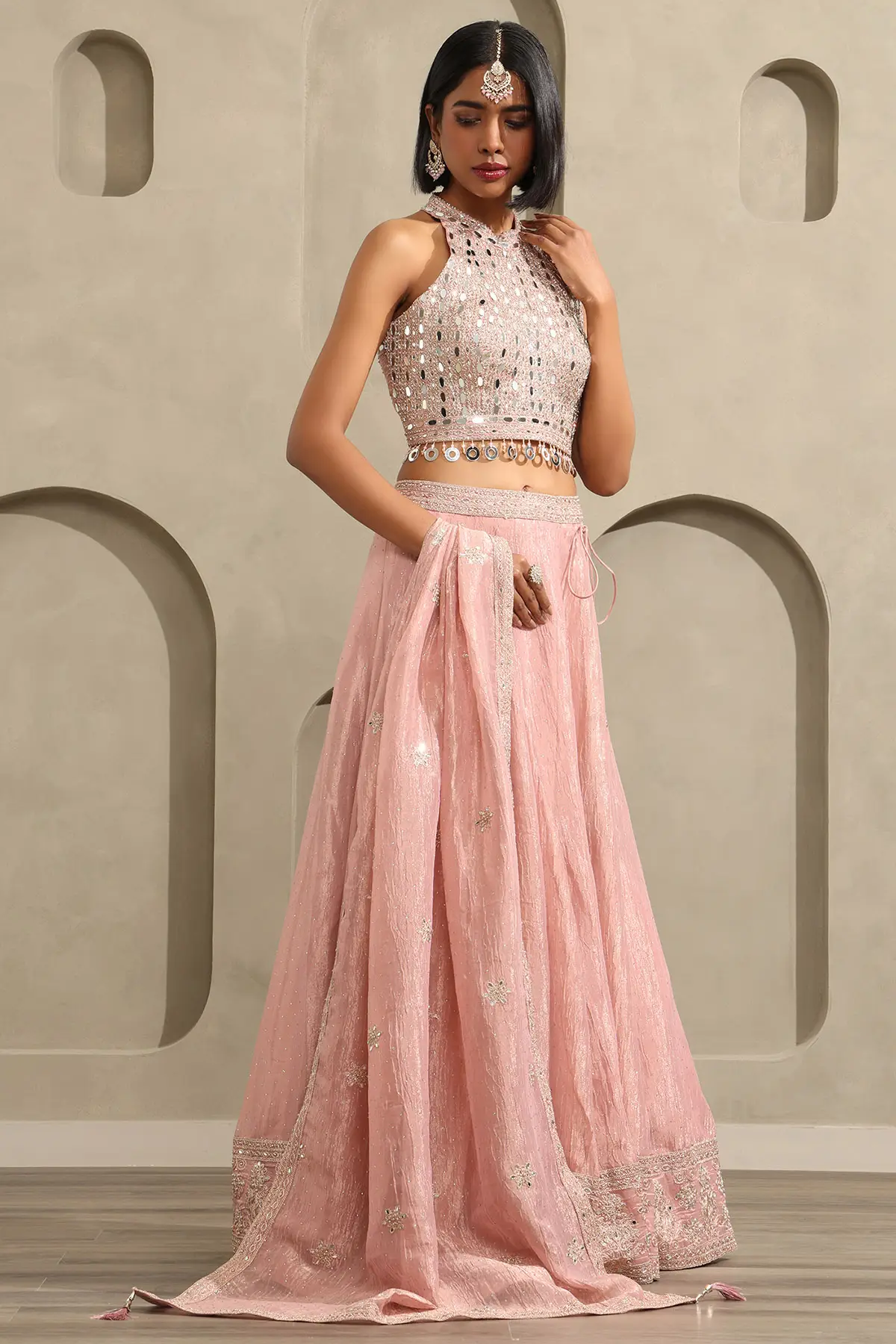 Onion Pink Tissue Zari Embroidered Lehenga Set With Mirror And Stone Work