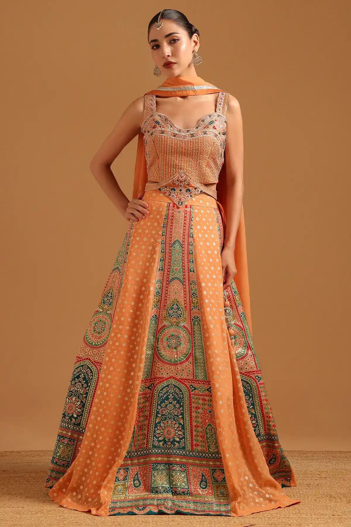 Orange Brocade Ethnic Motifs Zari Woven Lehenga Set With Sequins