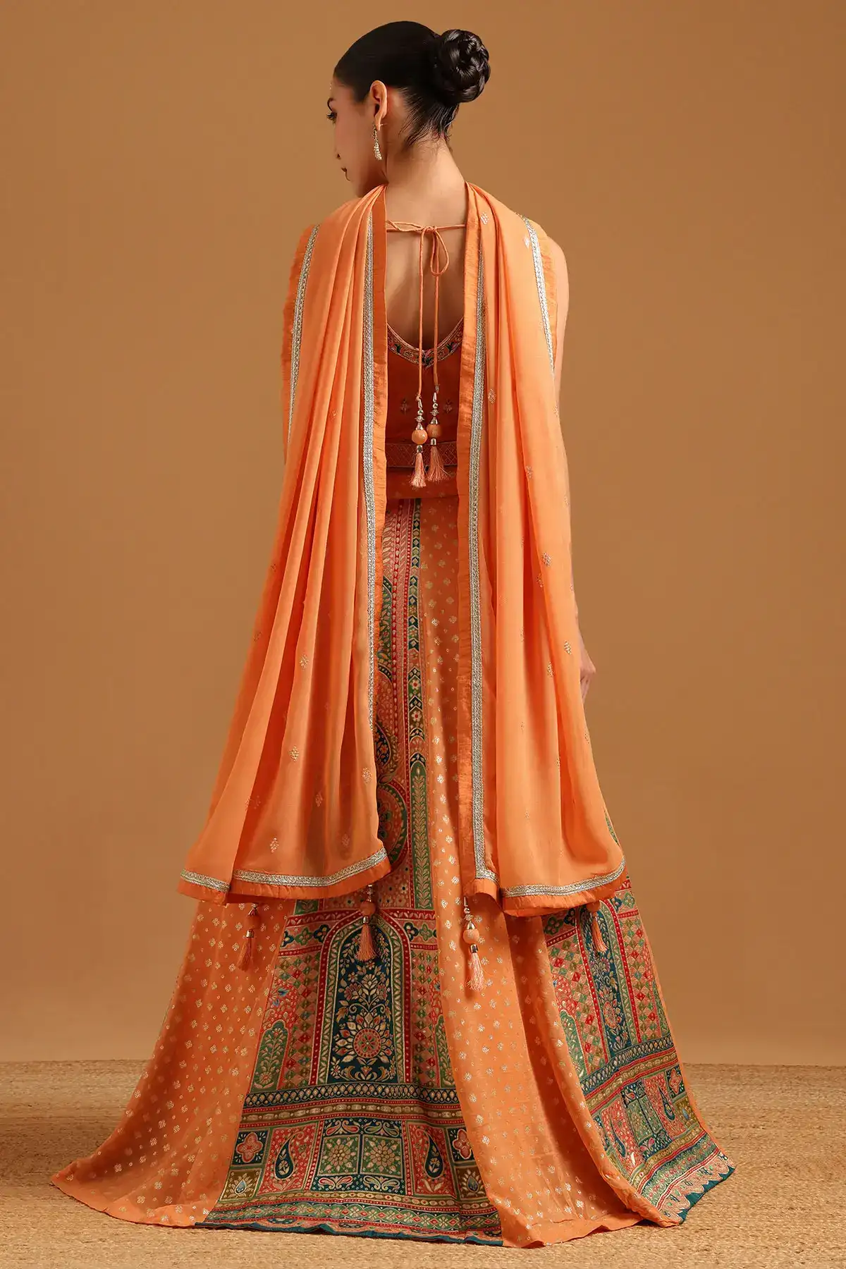 Orange Brocade Ethnic Motifs Zari Woven Lehenga Set With Sequins