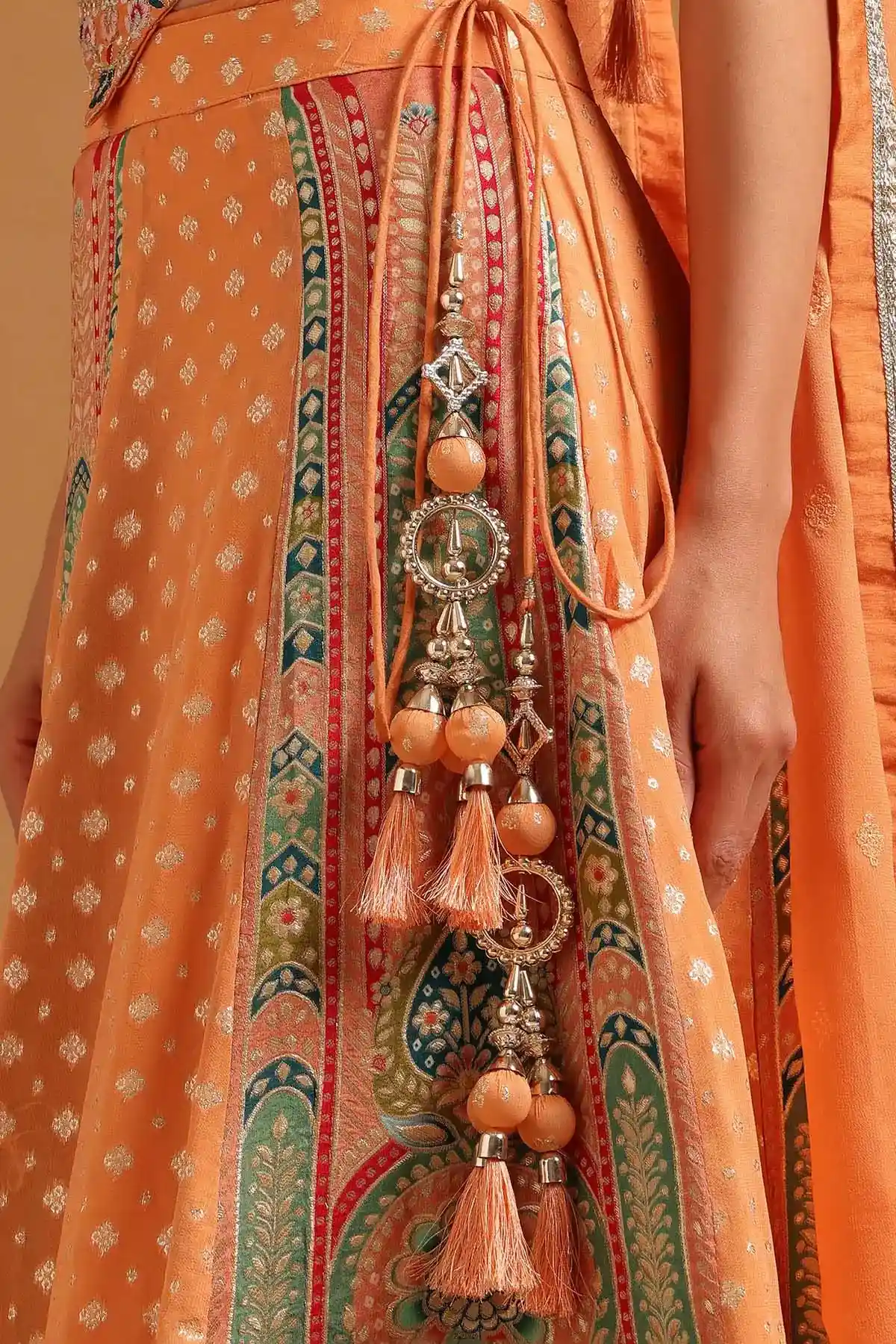 Orange Brocade Ethnic Motifs Zari Woven Lehenga Set With Sequins