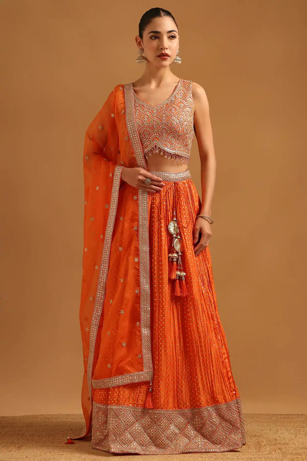 Orange Tissue Sequin Embroidered Lehenga Set