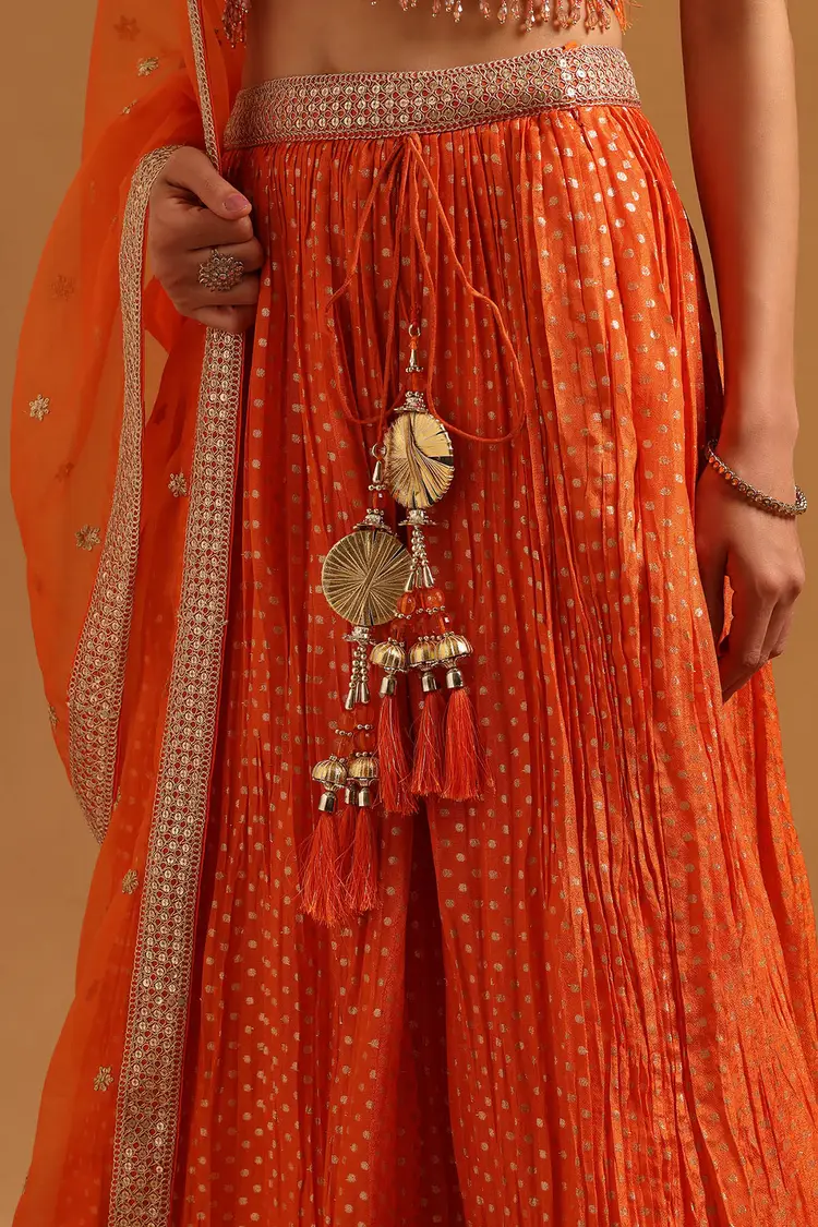 Orange Tissue Sequin Embroidered Lehenga Set