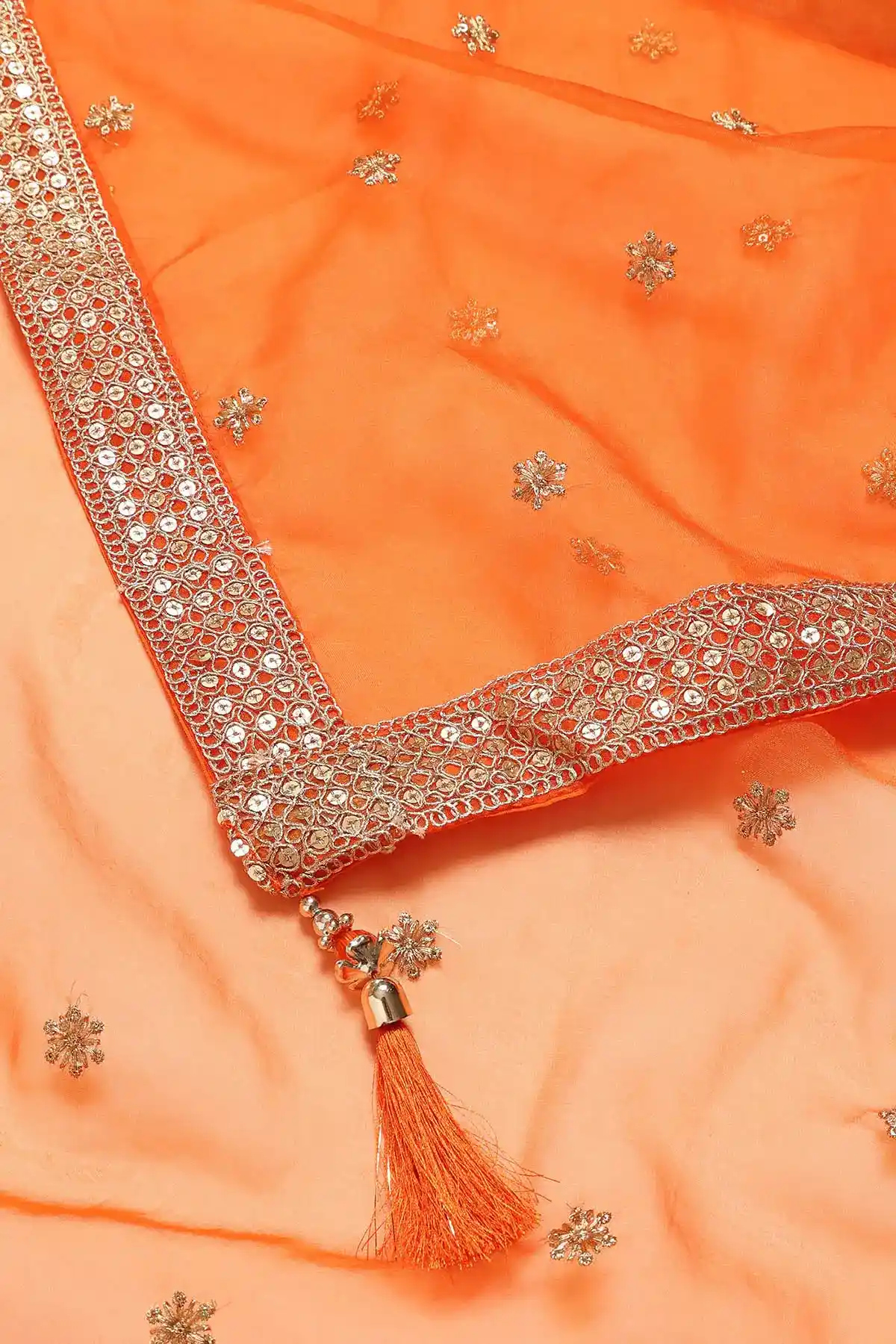 Orange Tissue Sequin Embroidered Lehenga Set