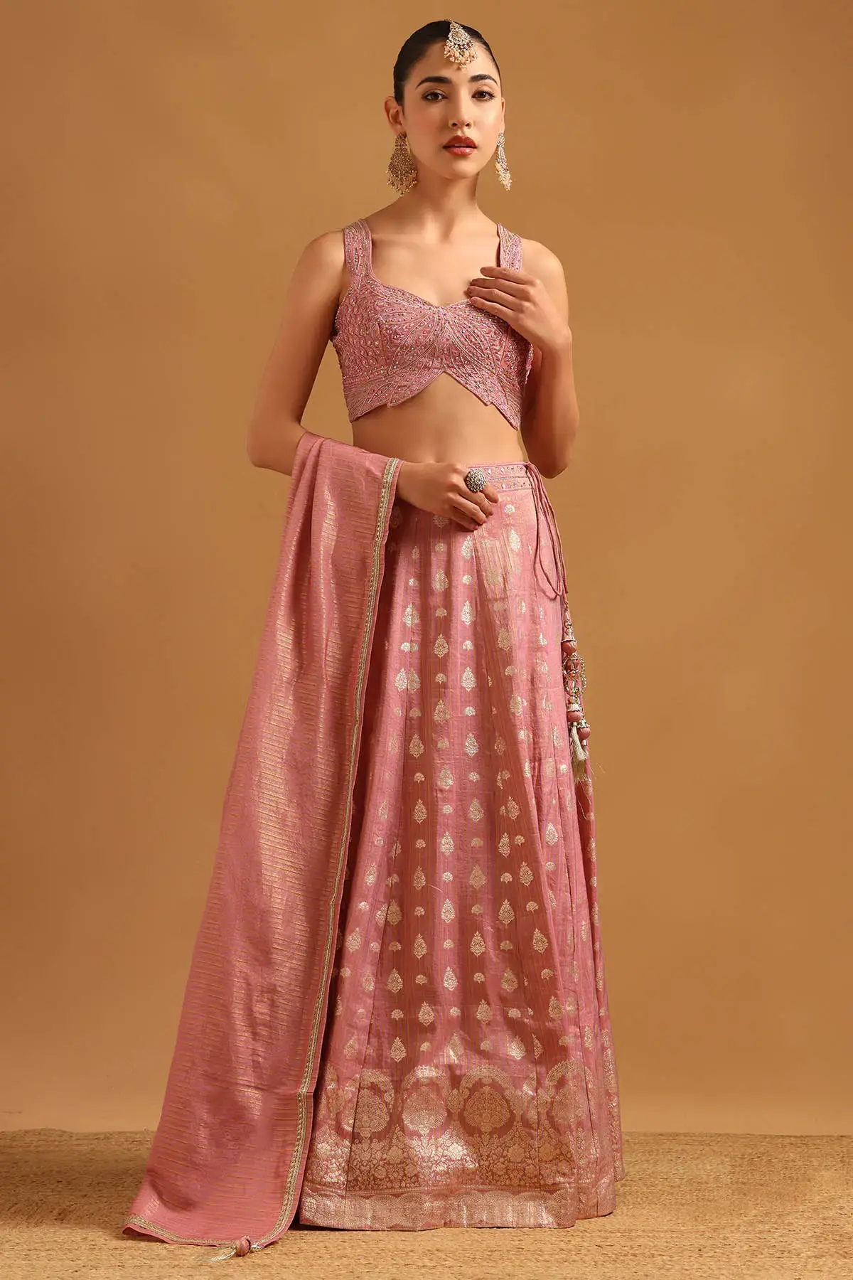 Pink Brocade Zari Woven Lehenga Set With Cutdana