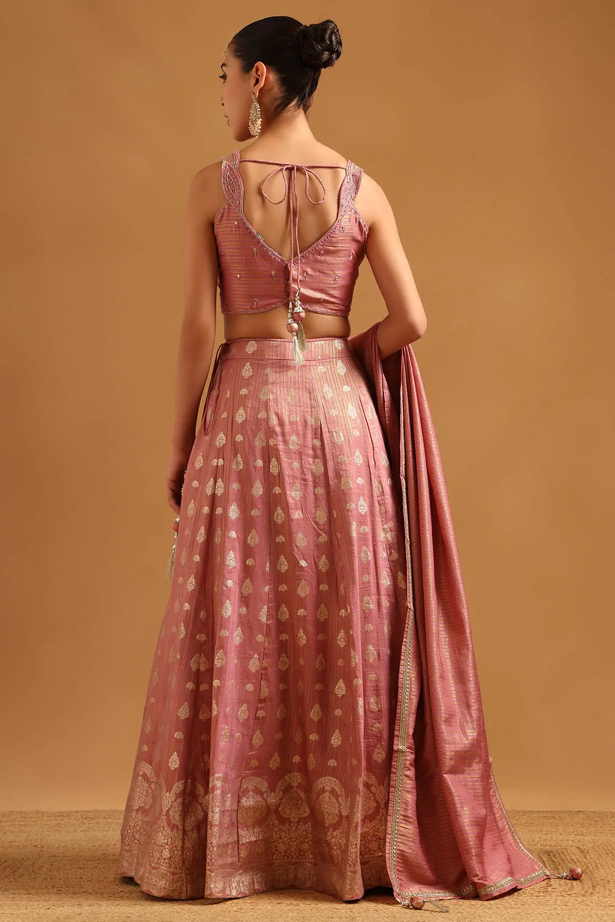 Pink Brocade Zari Woven Lehenga Set With Cutdana