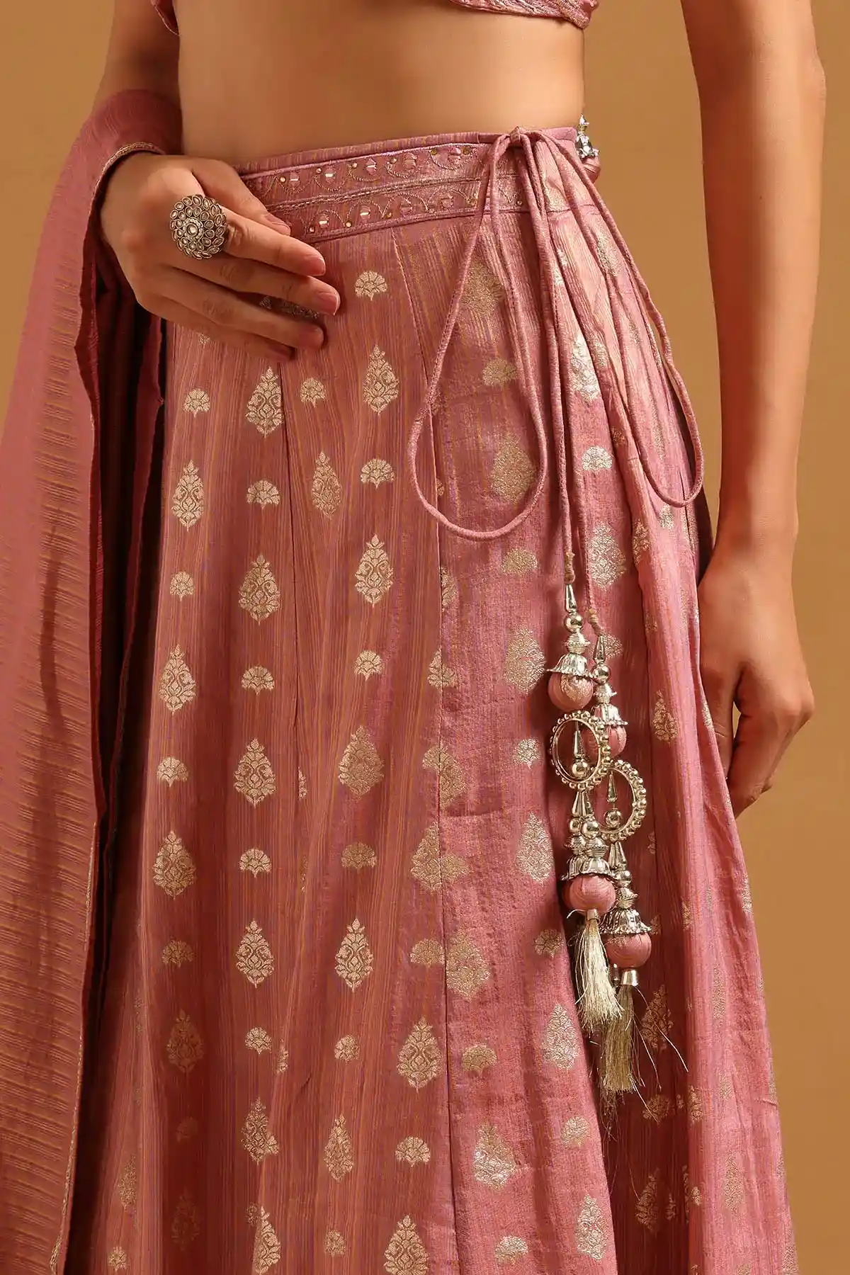 Pink Brocade Zari Woven Lehenga Set With Cutdana